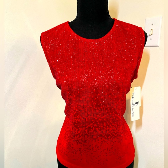 NWT - M Red Glitter Short Sleeve Spandex Top, The Travel Collection - Hip Length - Picture 3 of 13
